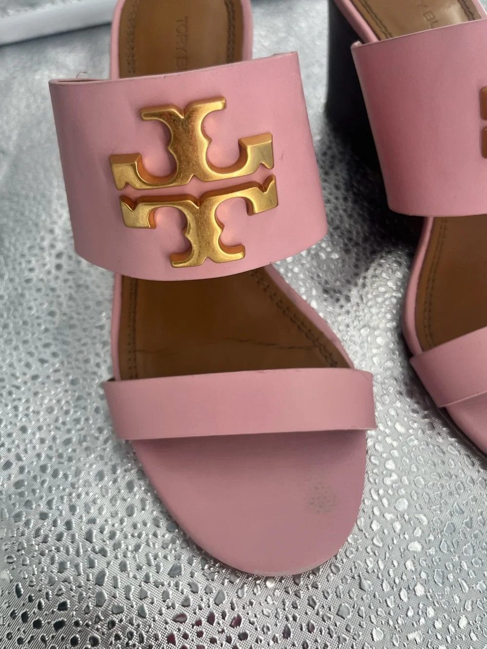 Tory Burch Pink Leather Gold Logo Block Heel Mules Size 5
